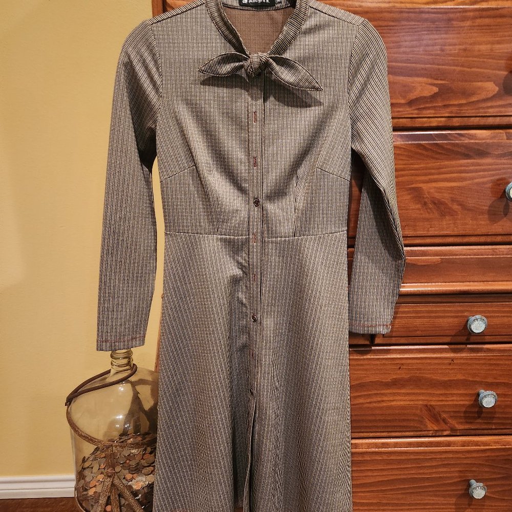 ALLEGRA K Vintage Plaid Houndstooth Dress XS Bowtie